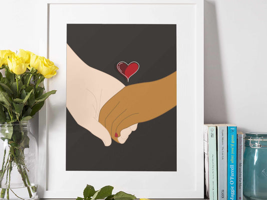 Our Love Print displayed in a frame, showcasing the inclusive couple artwork in a cozy setting.