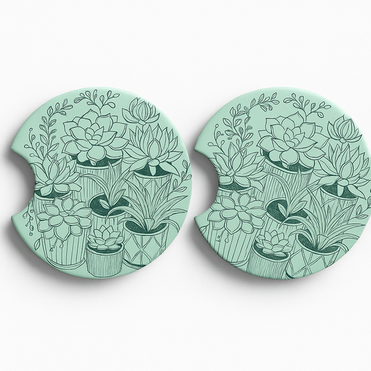 Plant Lovers car coasters 2-pack with hand-drawn botanical designs, 2.75 inch diameter neoprene cup holder coasters