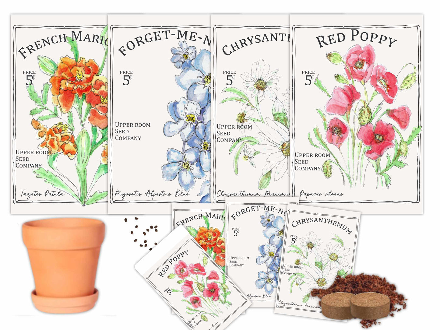 Pocket Full of Blooms Seed Kit including wildflower seeds, soil pellets, and an exclusive botanical art print, perfect for garden lovers