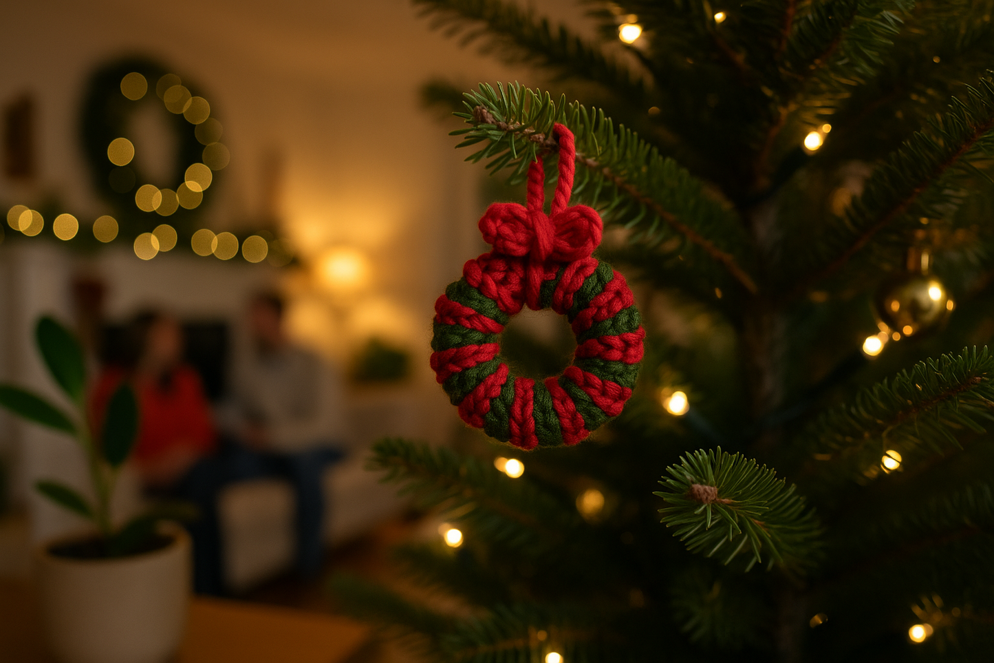 Red and green crochet wreath ornament with decorative bow hanging on Christmas tree with bokeh lights