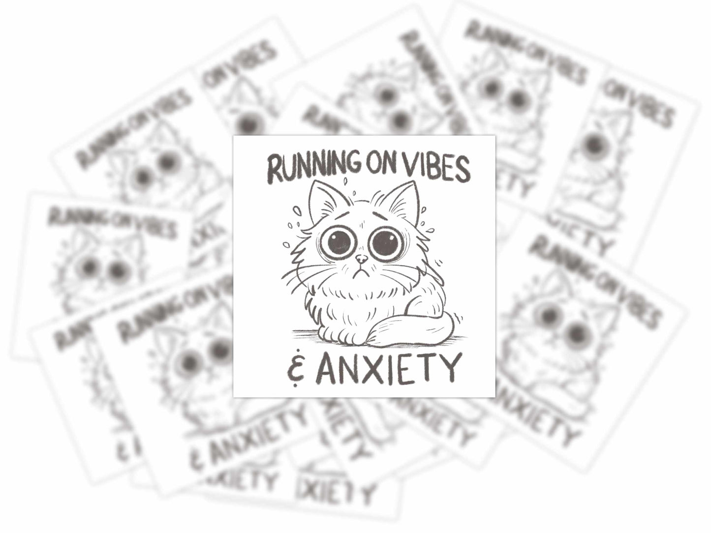 Stack of Running on Vibes & Anxiety vinyl stickers featuring a wide-eyed anxious cat illustration.