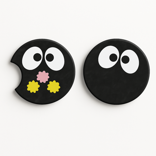 Soot sprite car coasters 2-pack with Ghibli-inspired hand-drawn design, 2.75 inch diameter neoprene cup holder coasters