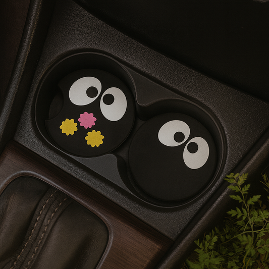 Soot sprite neoprene car coaster in vehicle cup holder showing fit and Ghibli-inspired design, set of 2