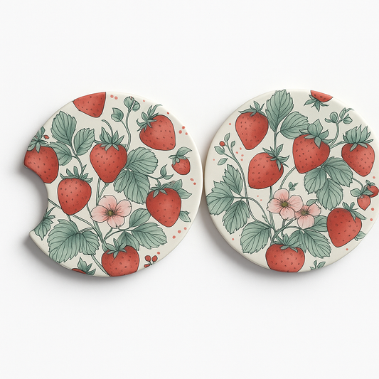 Strawberry car coasters 2-pack with hand-drawn fruit design, 2.75 inch diameter neoprene cup holder coasters