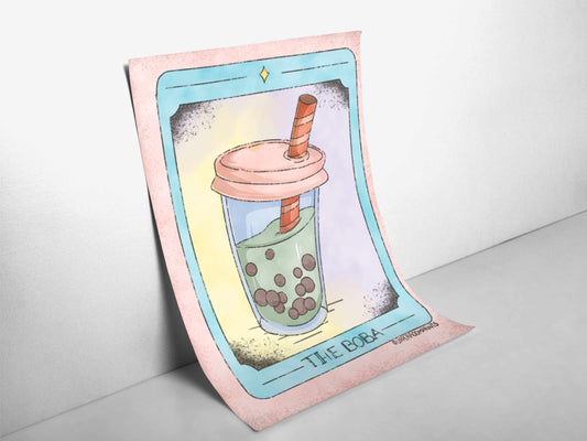 Close-up angled view of the Tarot Boba Print, a 5x7 digital watercolor featuring a matcha bubble tea tarot card design.