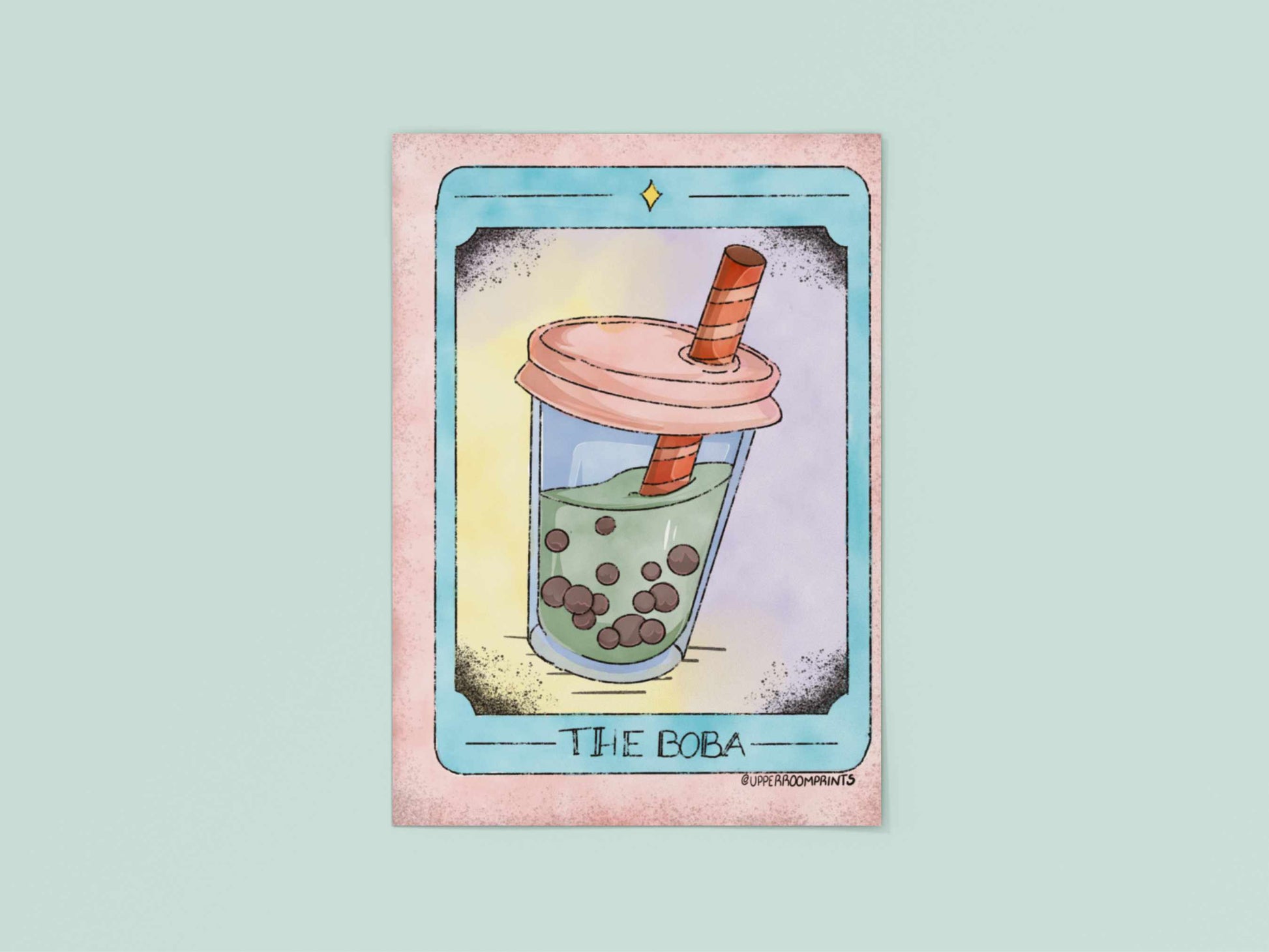 Flat lay of the Tarot Boba Print featuring a mystical boba tea illustration on a 5x7 art print
