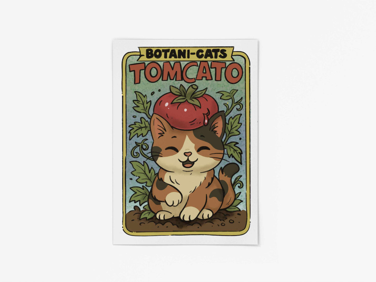 Tomcato Botani-Cats art print featuring a smiling calico cat with a tomato on its head, displayed flat on a white background