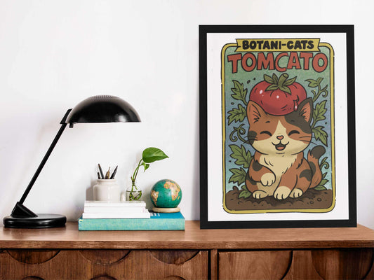 Tomcato art print framed and displayed on a wooden desk with books, a globe, and a lamp – whimsical tomato cat illustration in cozy decor setting