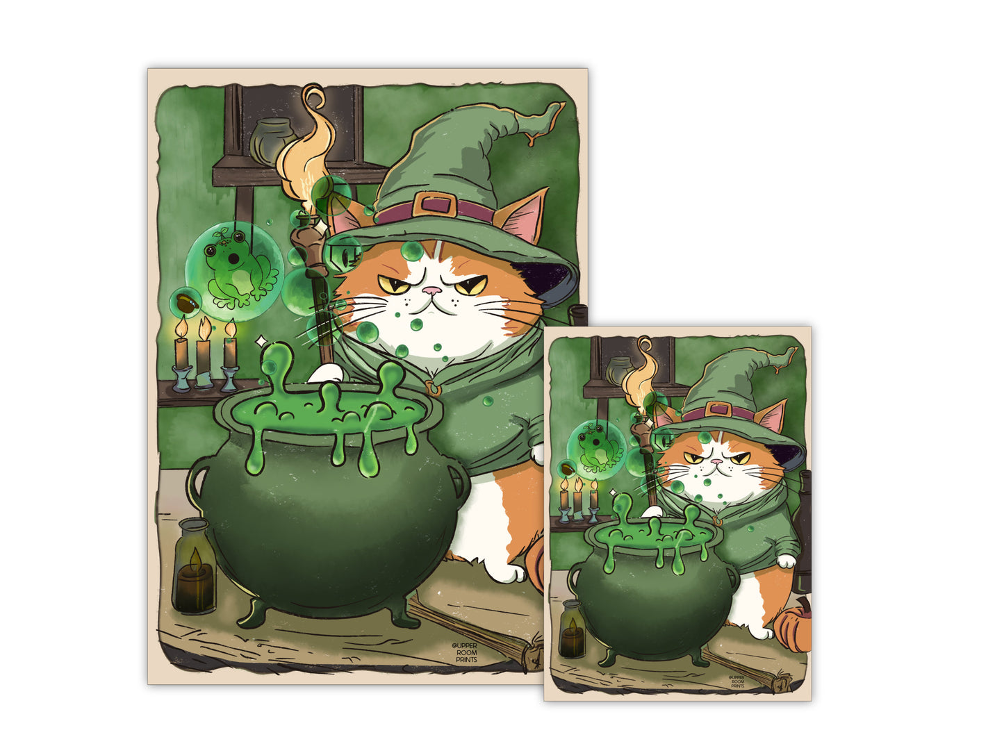 Wizard Grumps with Bubbling Edgar art print featuring Mr. Grumps orange cat as wizard with Edgar frog in cauldron, 5x7 or A4 size