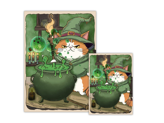 Wizard Grumps with Bubbling Edgar art print featuring Mr. Grumps orange cat as wizard with Edgar frog in cauldron, 5x7 or A4 size