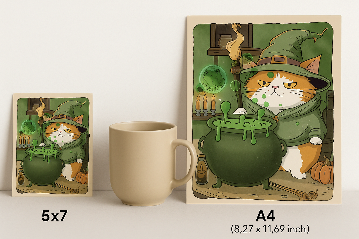 Wizard Grumps and Edgar art print size comparison showing 5x7 and A4 options for whimsical cat and frog illustration