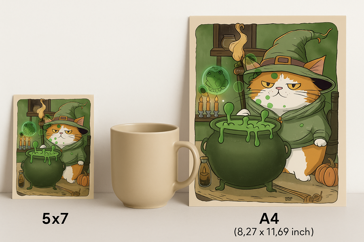 Wizard Grumps and Edgar art print size comparison showing 5x7 and A4 options for whimsical cat and frog illustration