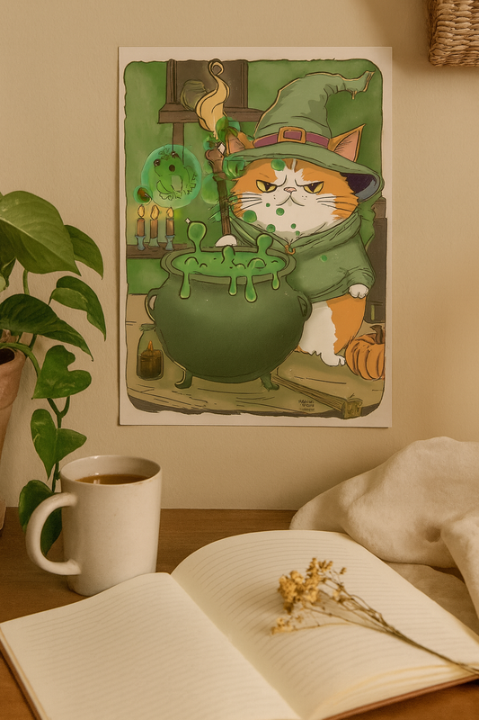 Wizard Grumps with Bubbling Edgar print in frame showing cottagecore fantasy art with cat wizard and frog
