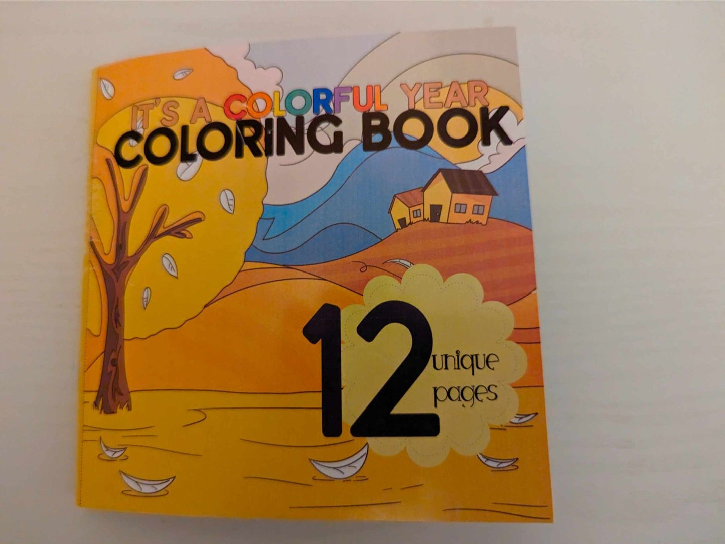 Back cover of Its a Colorful Year coloring book featuring autumn landscape with tree, house, and 12 unique pages label