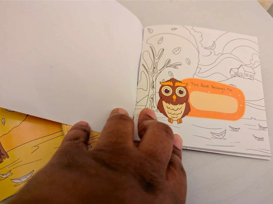 Interior coloring page from Its a Colorful Year book showing owl in tree with ownership label and line art ready to color