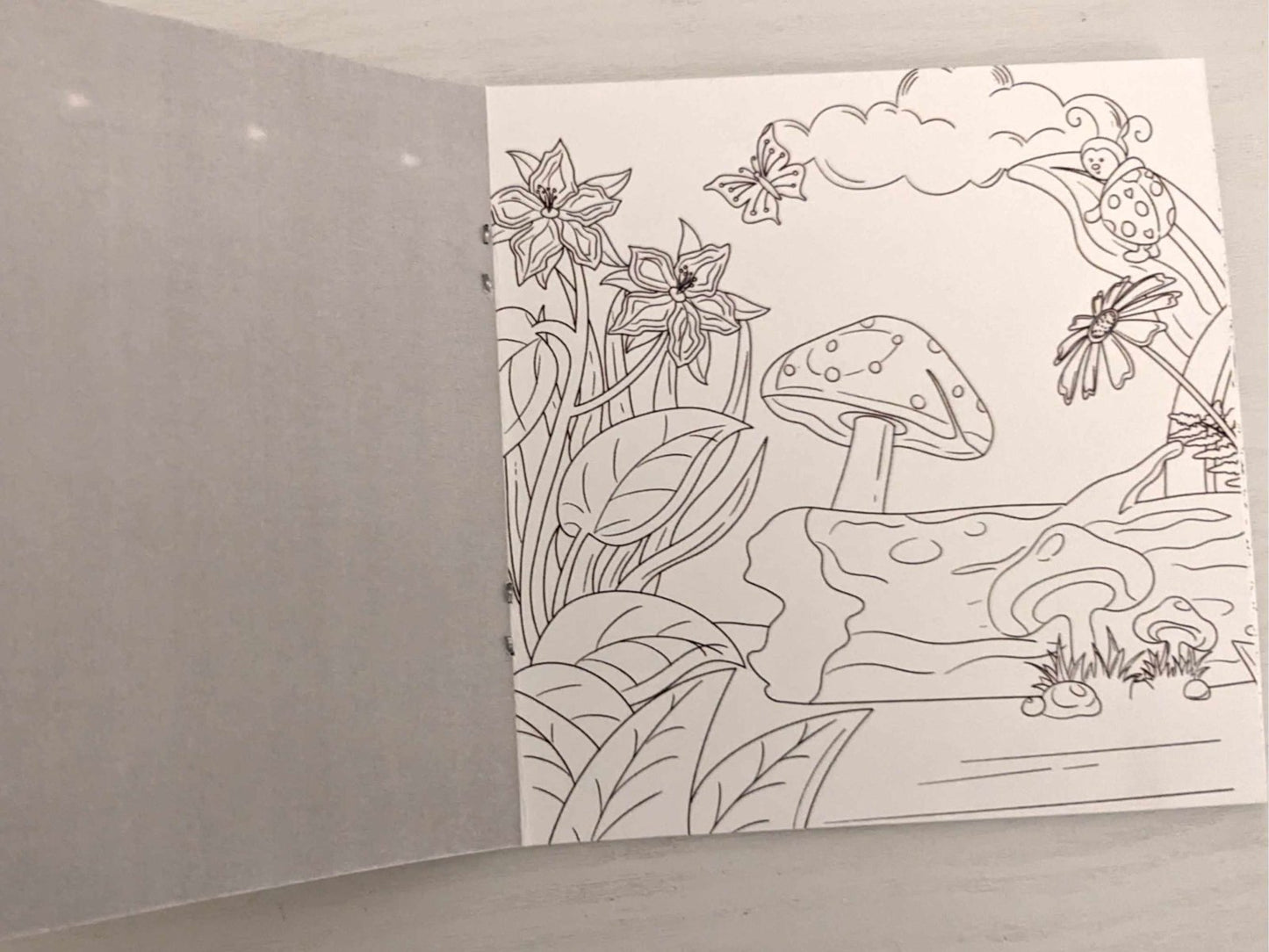 Interior coloring page from Its a Colorful Year book showing mushrooms, flowers, ladybugs, and nature scene in line art ready to color