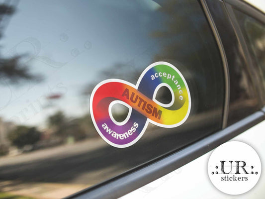Autism Acceptance Infinity Sticker applied to a car window, displaying its bold and meaningful neurodiversity symbol