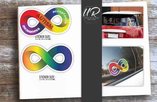 Two autism stickers with size measurements shown for awareness and infinity symbol designs.