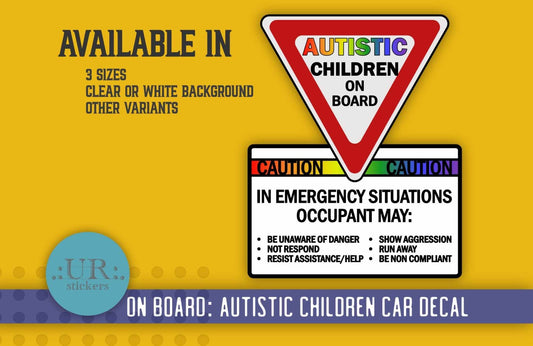 Autistic Children On Board Car Decal displayed on a vehicle, featuring a high-visibility design for safety and awareness.