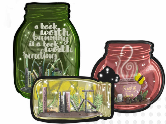Glow Jars Sticker Set featuring three holographic vinyl stickers with an ethereal glow effect.