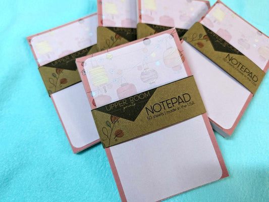Stack of 4x6 Lunar Lantern Notepads with hand-drawn pink and red lantern designs