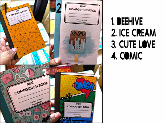 Front cover of Comic mini composition notebook in 4x6 size featuring colorful pop-art style graphics