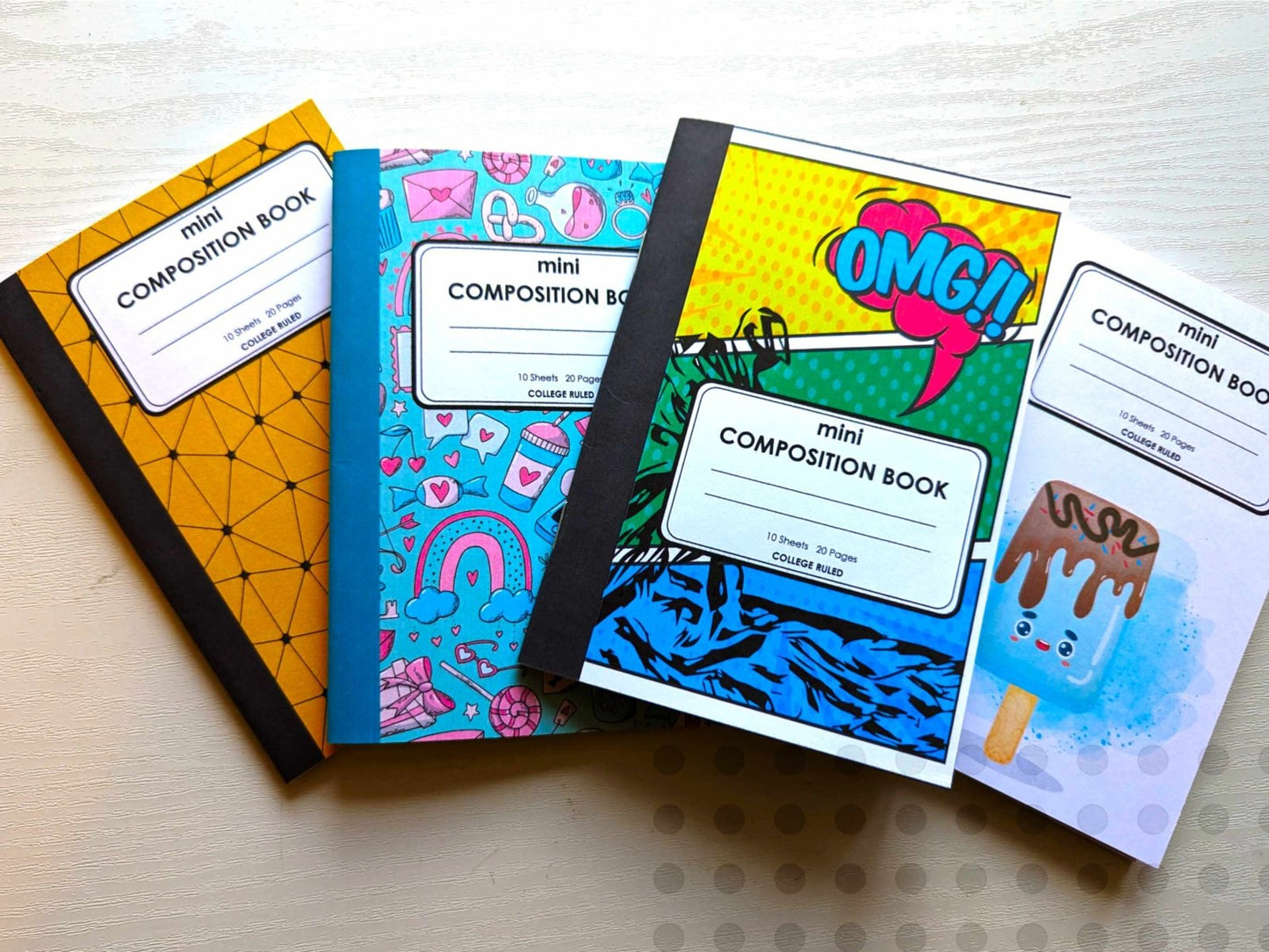 Set of four mini 4x6 composition notebooks with Beehive, Comic, Cute Love, and Ice Cream cover designs.
