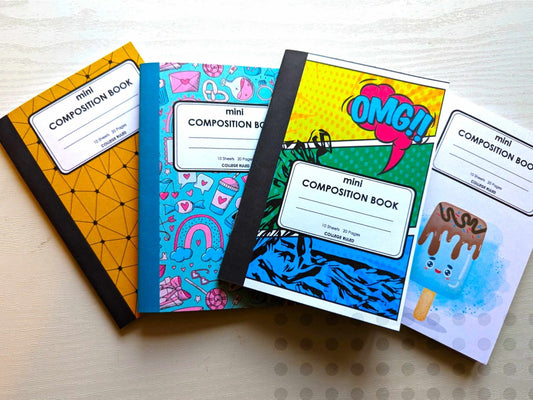 Set of four mini 4x6 composition notebooks with Beehive, Comic, Cute Love, and Ice Cream cover designs.