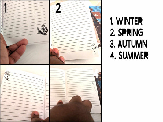 Open notebooks showing lined pages inside each of the seasonal flower-themed journals in the 4x6 bundle