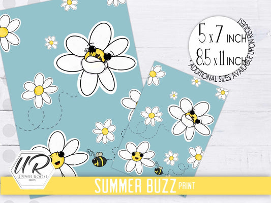 Close-up of the Summer Buzz Print showing two size options with vibrant characters Rosie and Bebe