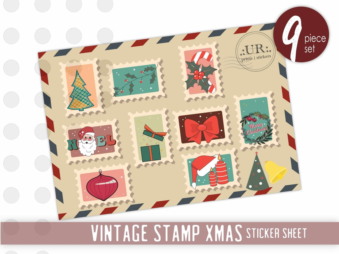Vintage Christmas stamp sticker sheet with classic holiday designs for junk journaling and scrapbooking, 4x6 inches
