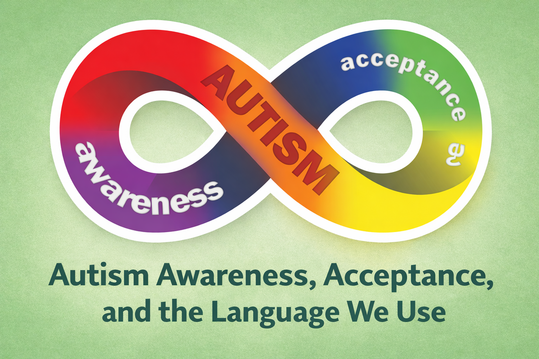 Colorful infinity symbol graphic with the words awareness, acceptance, and autism, plus the title Autism Awareness, Acceptance, and the Language We Use on a soft green background.