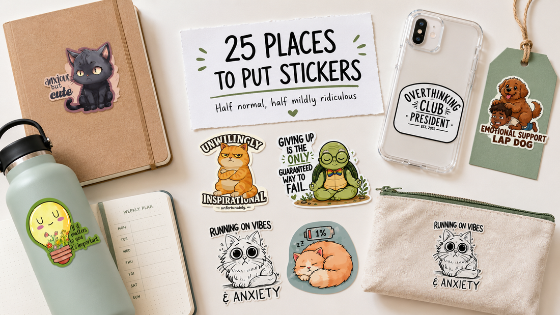 Flat lay of stickers and stationery with a card that reads “25 places to put stickers,” plus a notebook, water bottle, phone case, and zipper pouch.
