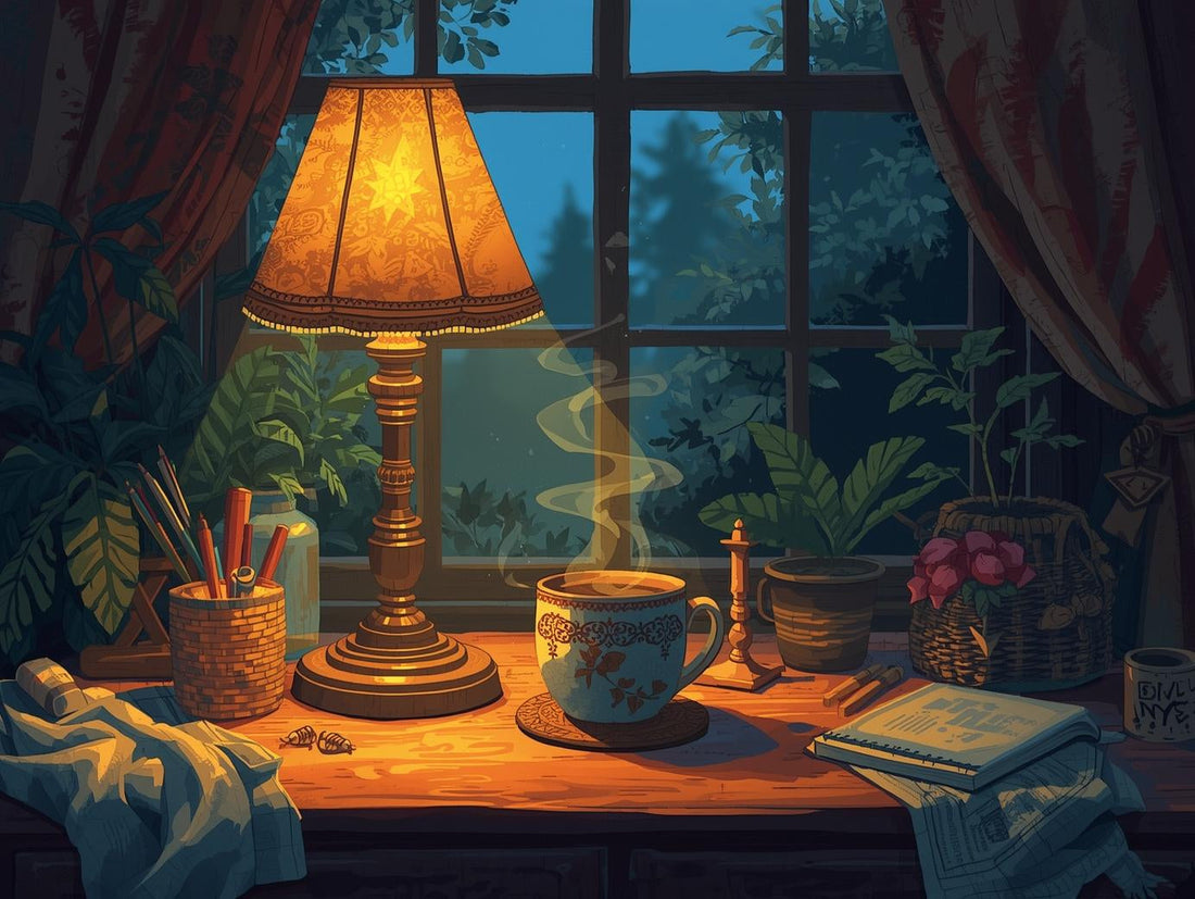 Cozy quiet evening scene with warm lamp light and a mug, reflecting on introvert recovery, boundaries, and sustainable creativity