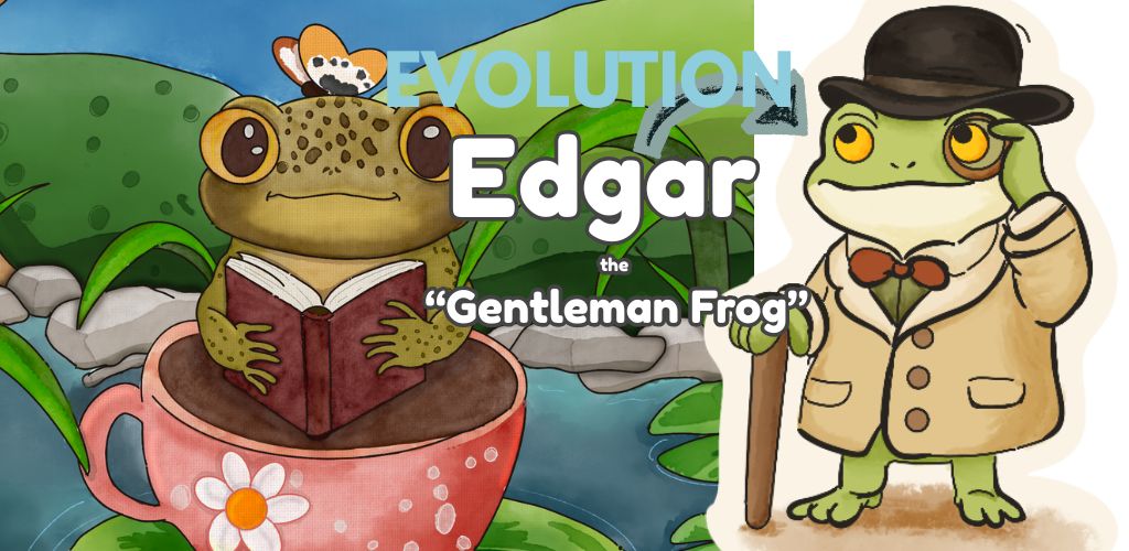 Edgar the Gentleman Frog in his bowler hat, holding a book—original character from Upper Room Prints.