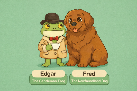 Illustration of Edgar the frog, wearing a bowler hat, and Fred the Newfoundland dog sitting together in a soft, cozy landscape—showcasing gentle companionship and cottagecore vibes.