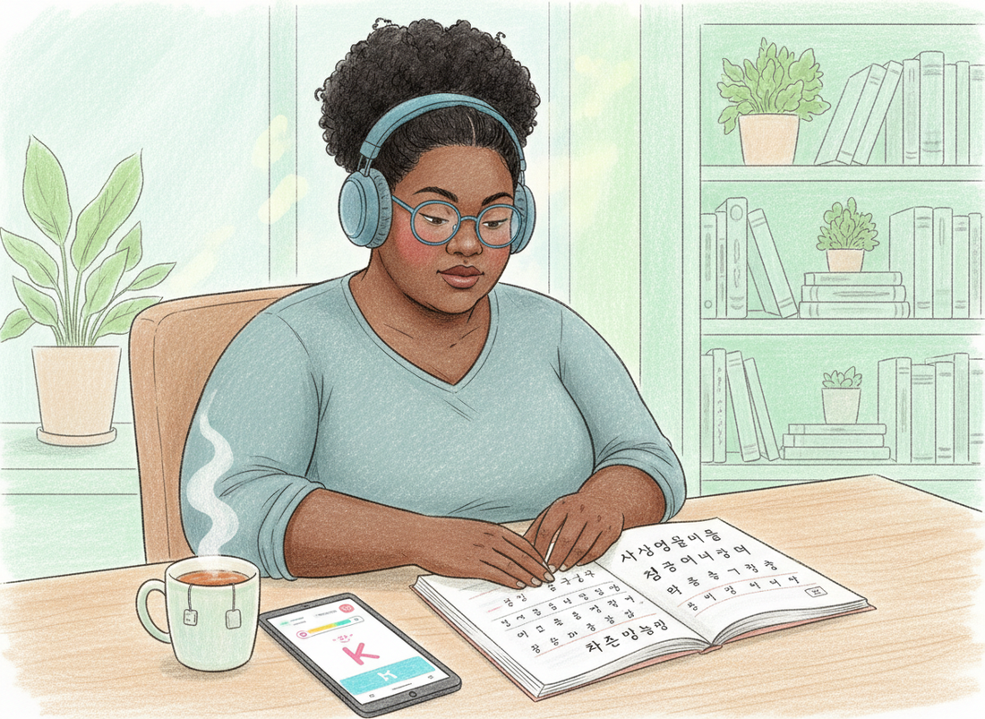 Hand-drawn illustration of a heavy set Black woman with blue glasses and headphones, studying a Korean workbook with Hangul letters at a cozy desk.