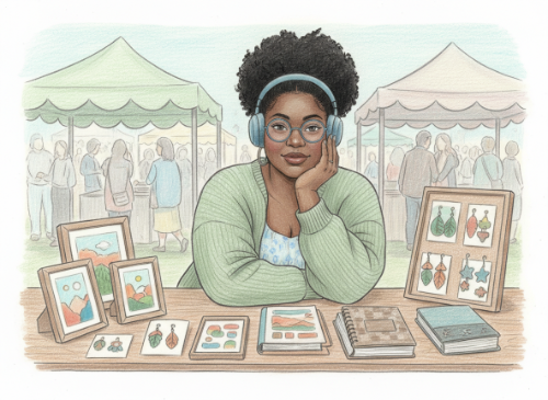 Hand-drawn illustration of a heavy set Black woman with natural hair, blue glasses, and headphones, sitting at a craft market table with a soft green and blue background.