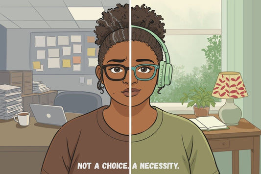 Illustration of a woman with glasses and headphones shown split down the middle, with a stressful office scene on one side and a calm home workspace with plants and a lamp on the other, with the text “Not a choice. A necessity.”