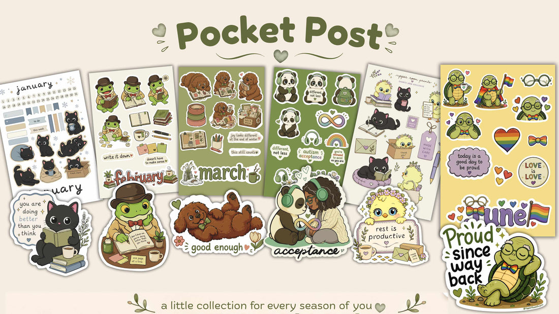 Pocket Post monthly character mail from Upper Room Prints, featuring exclusive sticker sheets and die-cut stickers for January through June with Lily, Edgar, Fred, Wonton, Myrtle, and Wilbur.