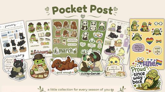 Pocket Post monthly character mail from Upper Room Prints, featuring exclusive sticker sheets and die-cut stickers for January through June with Lily, Edgar, Fred, Wonton, Myrtle, and Wilbur.