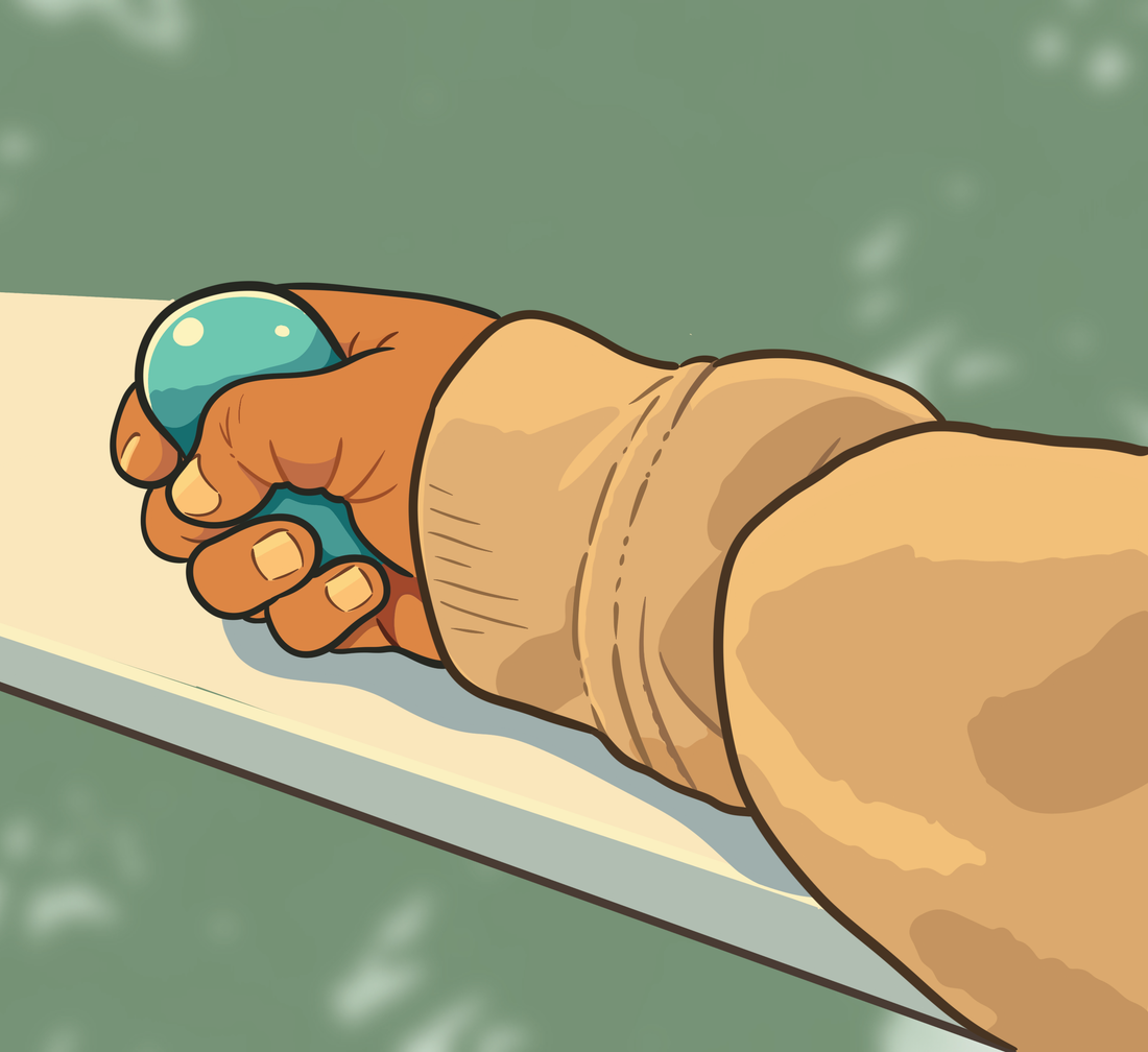 Illustration of a hand holding a blue fidget toy, representing a simple comfort item used for grounding and sensory support.
