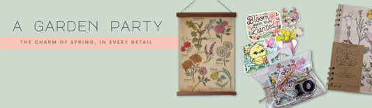A Garden Party Spring Collection with botanical stationery, floral art prints, whimsical stickers, and nature-inspired accessories for cottagecore fan