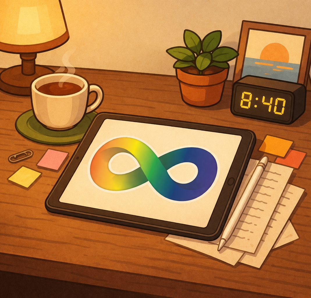 Warm desk scene representing reflection on late autism diagnosis and self-understanding.