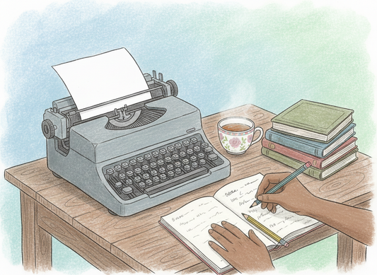 Hand-drawn illustration of a Black woman with blue glasses, writing in a notebook at a cozy desk with soft lighting.