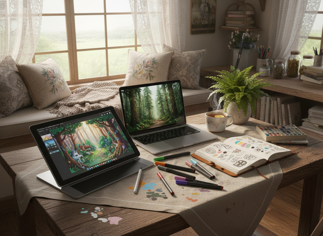 Artist workspace showing both digital and traditional tools, reflecting responsible creativity and the use of AI in art.