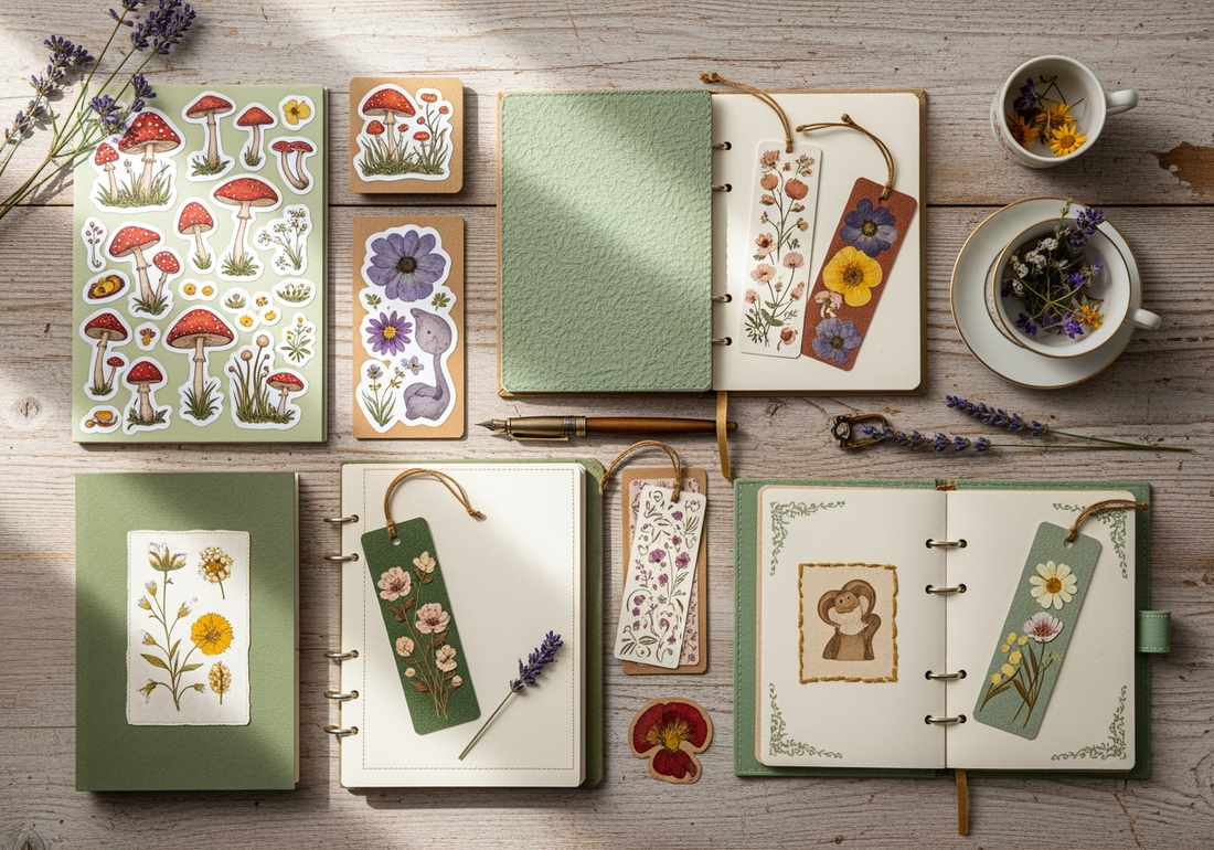 Flat lay of handmade stationery products including colorful stickers, notebooks, and bookmarks - perfect for small business marketing strategies