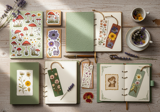 Flat lay of handmade stationery products including colorful stickers, notebooks, and bookmarks - perfect for small business marketing strategies