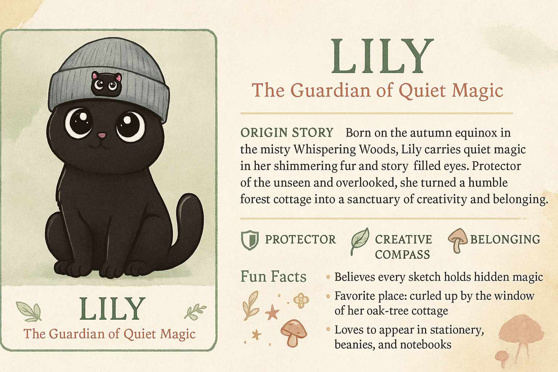 Black cat in grey beanie, cottagecore character card design