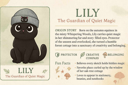 Black cat in grey beanie, cottagecore character card design
